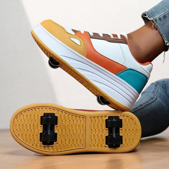 Kids Yellow/orange/white Detachable Wheeled 2 In 1 Skating Shoes Fashion Sneaker - Picture 4 of 7